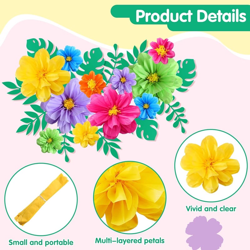 Geyee 12 Pcs 10" 20" Giant Mexican Fiesta Paper Flowers and 16 Pcs Leaves, Large Colorful Tissue Crepe Flowers Pom Poms Craft for Floral Backdrop Day of The Dead Birthday Party Decor(Cute Color) - Image 3